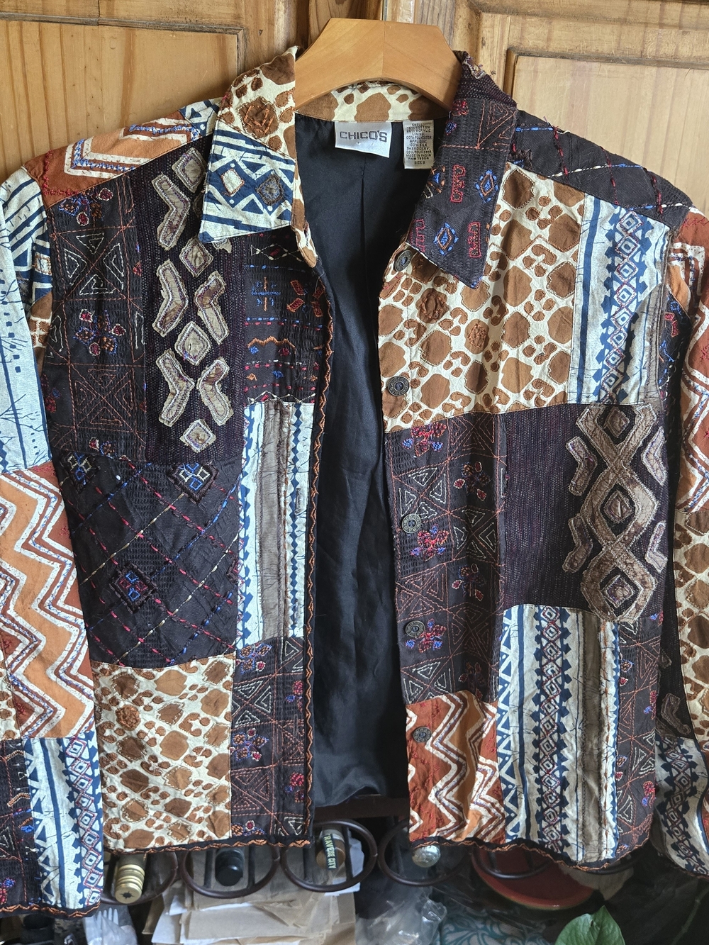 Chico's Patchwork Print Lightweight Jacket - Multi Brown/Blue